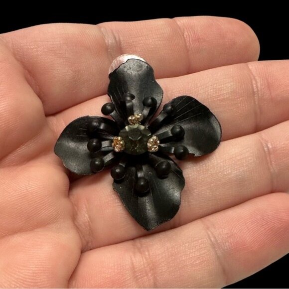 Black Flower Statement Earrings With Rhinestone Center - Picture 1 of 4